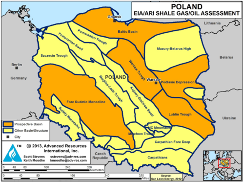 Oszacowane baseny gazu łupkowego w Polsce